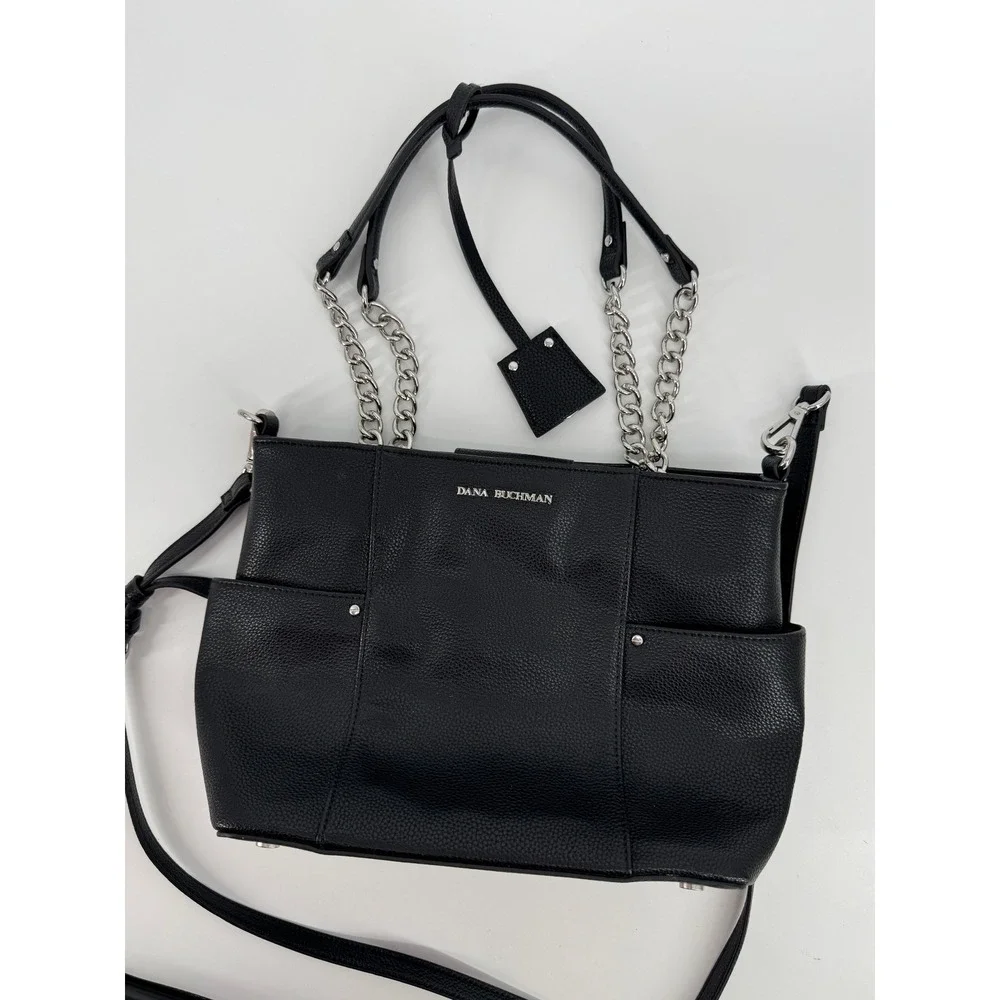 Dana Buchman Handbag Women Medium Black Pebbled Crossbody Tote Silver Chain